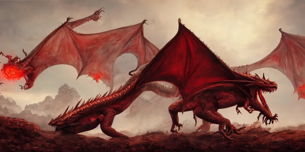 Image similar to realistic painting of a dragon eating its own heart, post - war scenery, red - toned mist, epic environment, skeletons, ultra wide angle, 8 k, ultra _ realistic, art by nills ham and alan lee