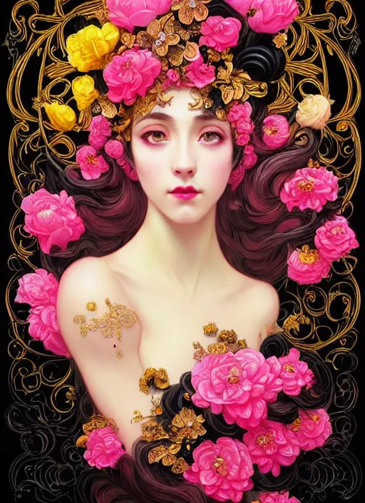 Image similar to beautiful black pink yellow, complicated gold and pink flowers in baroque style headwears, dark fantasy, intricate, elegant, highly detailed, digital painting, artstation, highly saturated colors, concept art, matte, 3 d 8 k octane rendered, sharp focus, illustration, octane rendered, art by artgerm and alphonse mucha, leesha hannigan