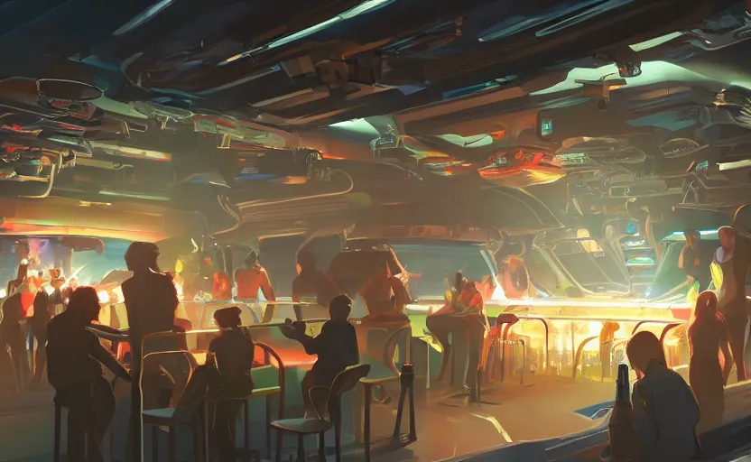 Prompt: a space station bar with humans and aliens interacting and drinking, artstation, concept art by peter chan, colorful lighting