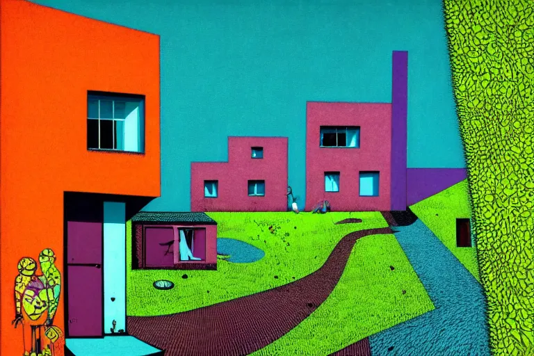 Prompt: surreal glimpse into other universe, house by le corbusier, summer morning, very coherent and colorful high contrast, art by!!!! gediminas pranckevicius!!!!, geof darrow, floralpunk screen printing woodblock, dark shadows, hard lighting, stipple brush technique,