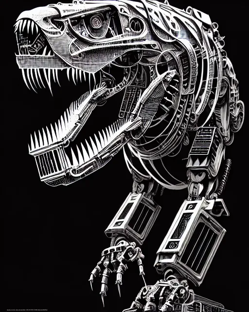Prompt: a cyberpunk intricate mechanical robot t - rex dinosaur, transformer, high details, symmetry, bold line art, by vincent di fate and joe fenton, inking, etching, screen print, masterpiece, character concept art, trending on artstation, sharp, high contrast, hyper detailed,, hd, 4 k, 8 k