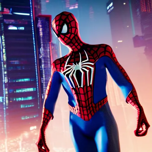 Image similar to futuristic spiderman ps 4 suit in cyberpunk 2 0 7 7, cyberpunk style spiderman, fantasy, d & d, elegant