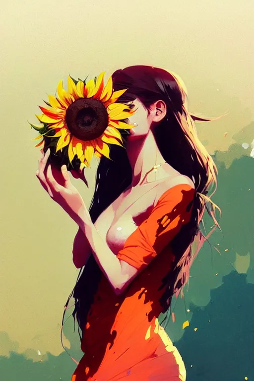 Image similar to a ultradetailed beautiful panting of a stylish woman holding a sunflower, by conrad roset, greg rutkowski and makoto shinkai, trending on artstation