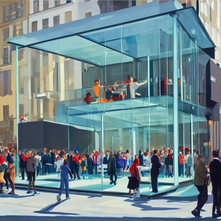 Image similar to apple store opening day in London, painted by Edward Hopper, painted by James Gilleard, airbrush