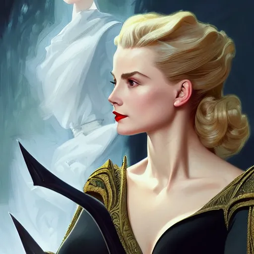 Prompt: Blonde Grace Kelly as Bat Woman, western, D&D, fantasy, intricate, elegant, highly detailed, digital painting, artstation, concept art, matte, sharp focus, illustration, art by Artgerm and Greg Rutkowski and Alphonse Mucha