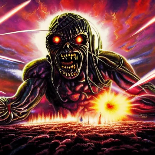 Image similar to iron maiden album cover, science - fiction futuristic apocalyptic war scene with explosions, soldiers firing