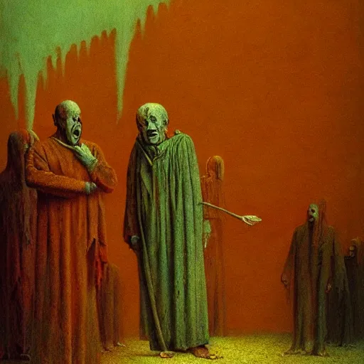 Prompt: Presidents of federal nation laughing at dying people from hunger. Beksiński style, depth of field, scary, HD, painting