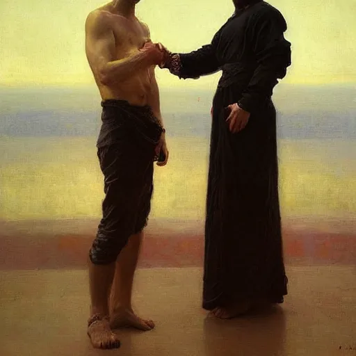 Prompt: A portrait of God and Death shaking hands, vertical symmetry, wide shot, photorealistic, beautiful moody artwork by Ilya Repin and Asher Duran