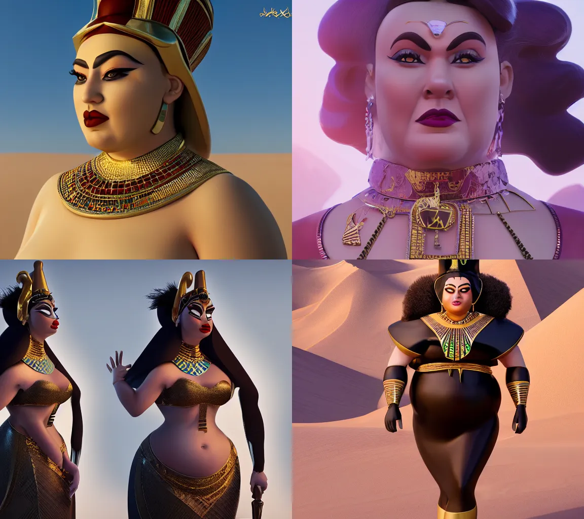 Prompt: hyperdetailed chubby female Disney villain, elegant egyptian, arrogant look, beautiful 3D render, 8k, octane render, volumetric lighting, stylized, in the desert