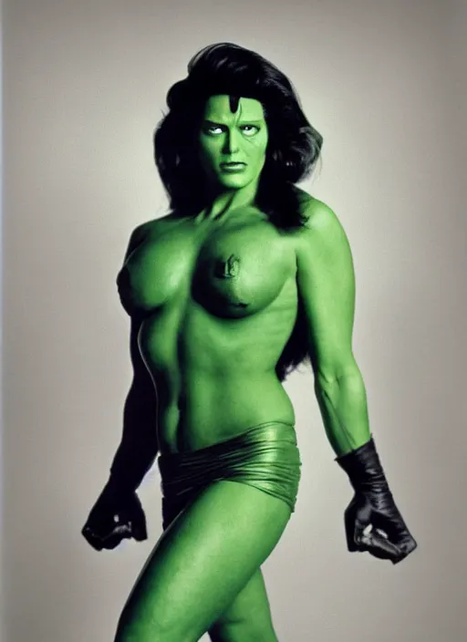 Image similar to a color photo portrait of she hulk wearing fashion clothing by richard avedon dramatic lighting, 7 5 mm lens, shapr focus.