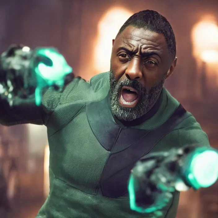 Image similar to film still of Idris Elba as Green Lanturn in new DC film, photorealistic 4k