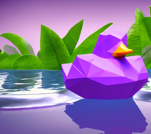 Prompt: diamond in the shape of a low - poly rubber duck floating in a pool of purple perfume surrounded plants, glistering magic particles, photorealism, mystical, enigmatic, digital oil painting, trending on artstation