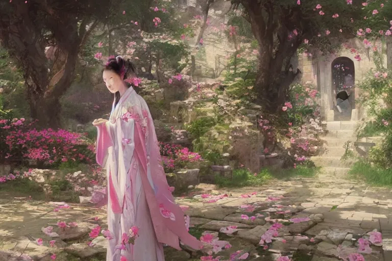 Prompt: a beautiful picture of flower blooming, shrine, girl in hanfu, by greg rutkowski and thomas kinkade, trending on artstation