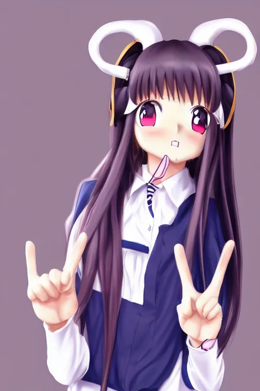 Image similar to full body anime portrait of a cute girl round eyes long hair dressed in a school uniform inside the school horns protruding on her head, peace sign, stunning, highly detailed, anatomically correct