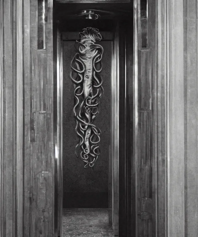 Image similar to horrifying photorealistic image of a 1 9 2 5 hotel elevator lobby, elevator doors look like a mouth, with a tentacle - shaped tongue, licking out, dark, atmospheric, brooding, smooth, finely detailed, cinematic, epic, in the style of lee gibbons