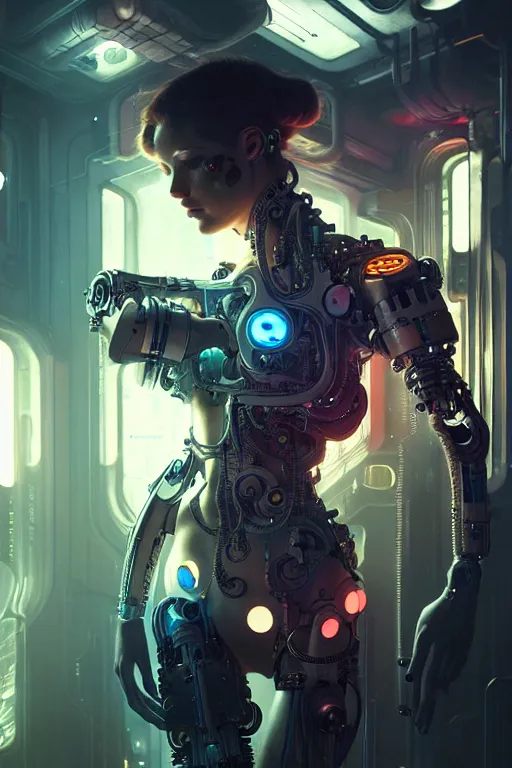 Image similar to ultra realistic, beautiful female cyborg in a crowded smoky cyberpunk club in space megalopolis, sci - fi, intricate details, eerie, highly detailed, octane render, 8 k, art by artgerm and alphonse mucha and greg rutkowski