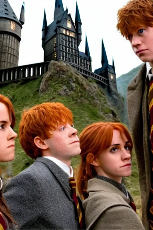 Image similar to Harry, Ron and Hermione looking down at Hogwarts after a long battle, epic, golden hour