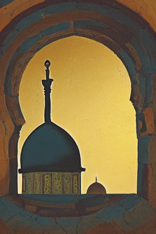 Image similar to a beautiful illustration of dome of the rock jerusalem and a silhouette of a muslim is praying in front of it, impasto paint in the style of martin johnson heade and h. r. giger