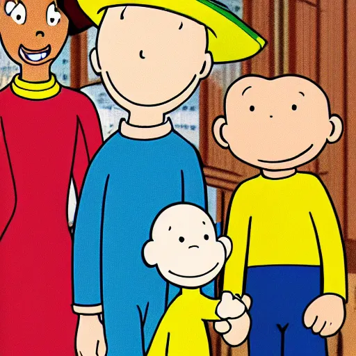 Prompt: curious george caillou cartoon in the big city. new york city concrete jungle.