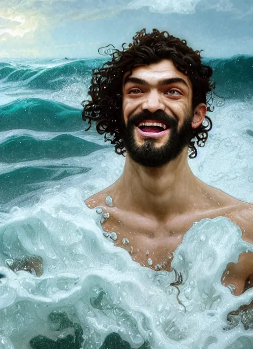 Prompt: portrait of teenage poseidon rising from ocean, greek, short curly blonde hair, mad smile, wearing a wet white sash, elegant, crashing waves, storm, glowing lights, volumetric lighting, highly detailed, digital painting, artstation, concept art, smooth, sharp focus, illustration, art by wlop, mucha, artgerm, and greg rutkowski