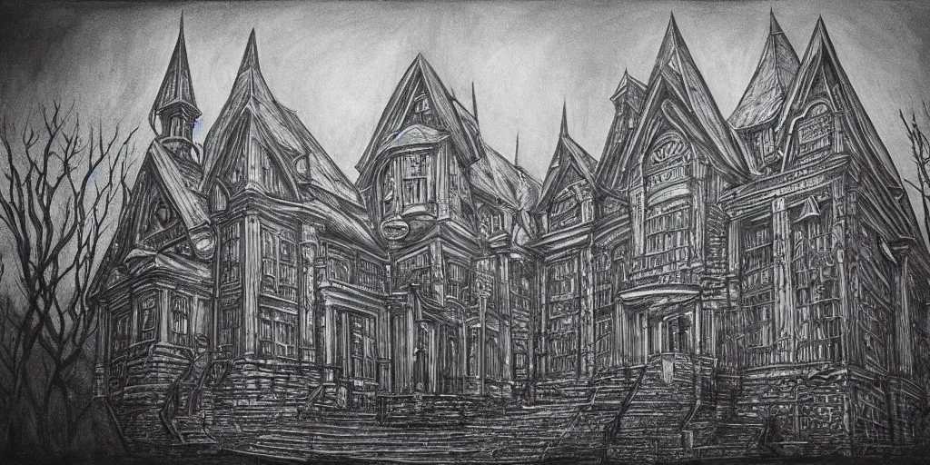 Prompt: charcoal high detailed art of monumental architecture inspired by h. p. lovecraft with gold contrast element