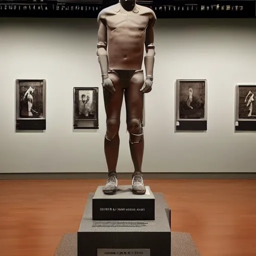 Image similar to “a realistic detailed photo of a guy who is an attractive humanoid who is half robot and half humanoid, who is a male android, baseball player Mike Trout, shiny skin, posing like a statue, blank stare, at a museum, on display”