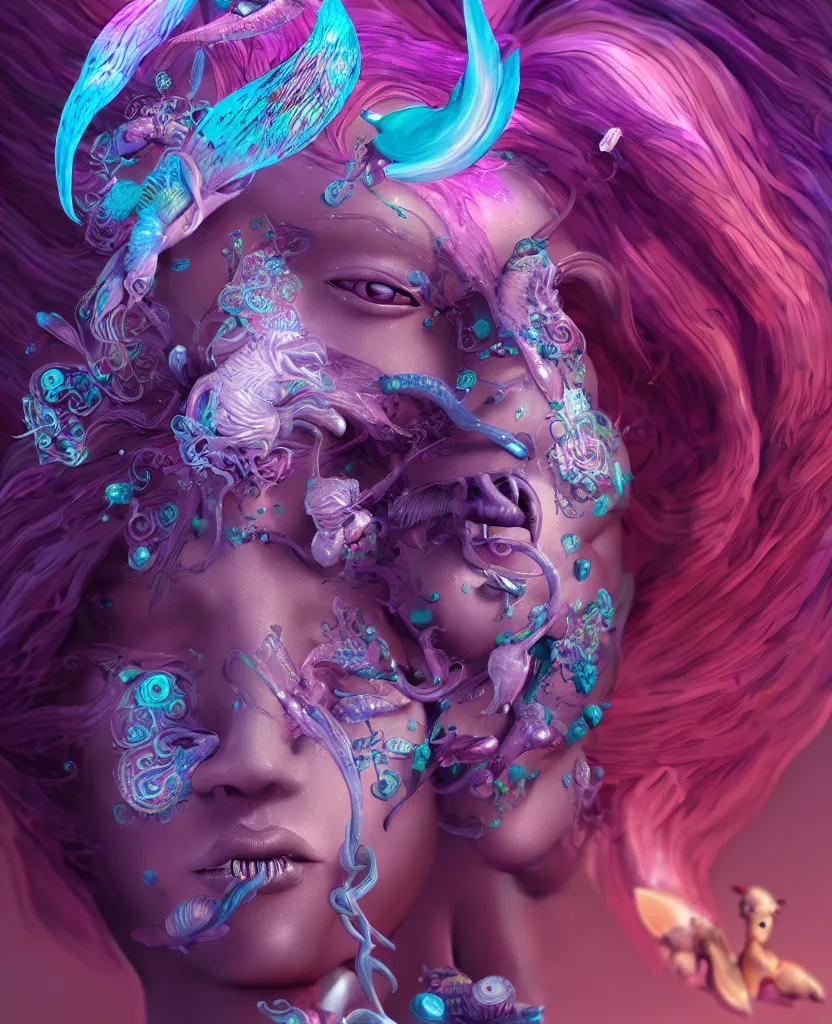 Image similar to goddess full color painted acryllic sculpture close-up portrait. orchid bird phoenix head, nautilus, skull, betta fish, bioluminiscent creatures, intricate artwork by Tooth Wu and wlop and beeple. octane render, trending on artstation, greg rutkowski very coherent symmetrical artwork. cinematic, hyper realism, high detail, octane render, 8k