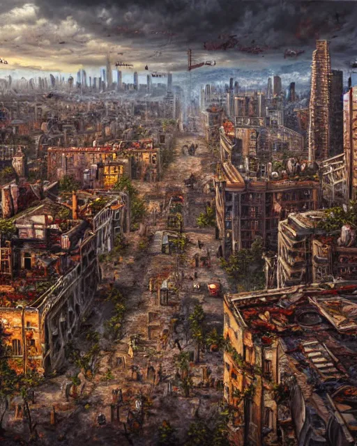 Image similar to oil painting landscape of a zombie apocalypse city, high production value, intricate details, high resolution, hdr, high definition, masterpiece, realistic, ultrarealistic, highly detailed, hd, sharp focus, non blurry, sharp, smooth