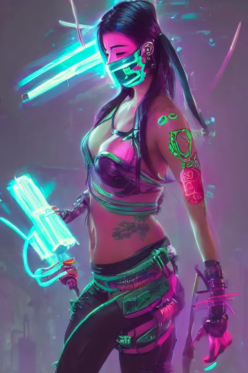 Image similar to akali from league of legends, cyberpunk futuristic neon. wearing ninja face mask decorated with traditional japanese ornaments by ismail inceoglu dragan bibin hans thoma greg rutkowski alexandros pyromallis nekro rene maritte illustrated, perfect face, fine details, realistic shaded, fine - face, pretty face, masterpiece