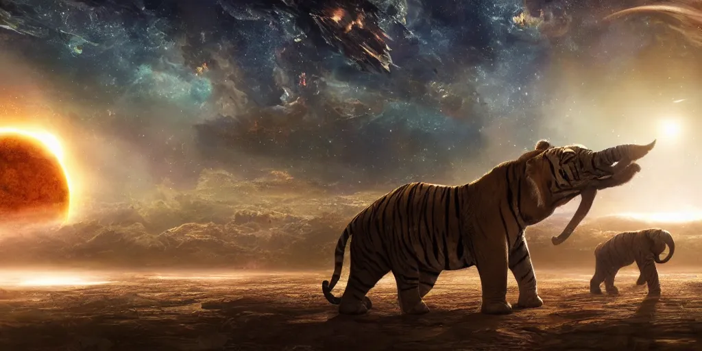 Image similar to planet - sized tiger elephant in space, next to the sun and stars, cosmic, very wide shot, epic composition, hyper detailed, digital art, trending in artstation, cinematic lighting, studio quality, unreal engine 5 rendered, art style by klimt and nixeu and ian sprigger and wlop and krenz cushart