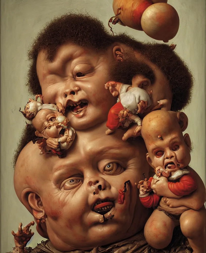 Prompt: a painting of a garbage pail kids ceramic toy, a flemish baroque by dino valls, trending on zbrush central, classical realism, flemish baroque, hyper realism, chiaroscuro