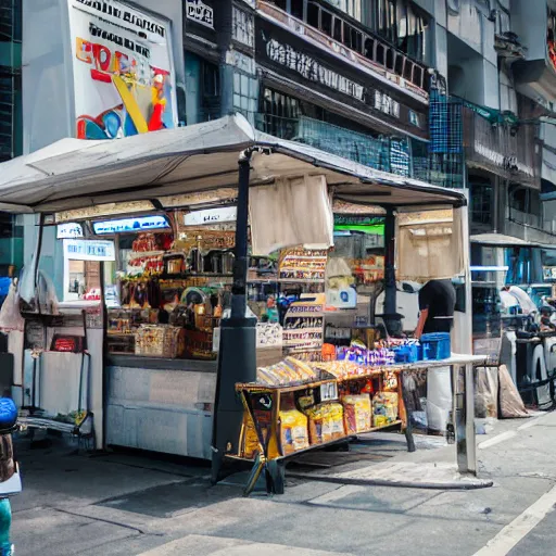 Image similar to a photo of a futuristic market stall at a street corner from the film'minority report'taken from a distance, dslr