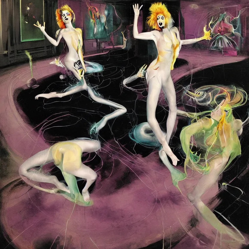 Image similar to Woman sirene start to bounce in a living room of a house, floating dark energy surrounds the middle of the room. There is one living room plant to the side of the room, surrounded by a background of dark cyber mystic alchemical transmutation heavenless realm, cover artwork by francis bacon and Jenny seville, midnight hour, part by adrian ghenie, part by jeffrey smith, part by josan gonzales, part by norman rockwell, part by phil hale, part by kim dorland, artstation, highly detailed