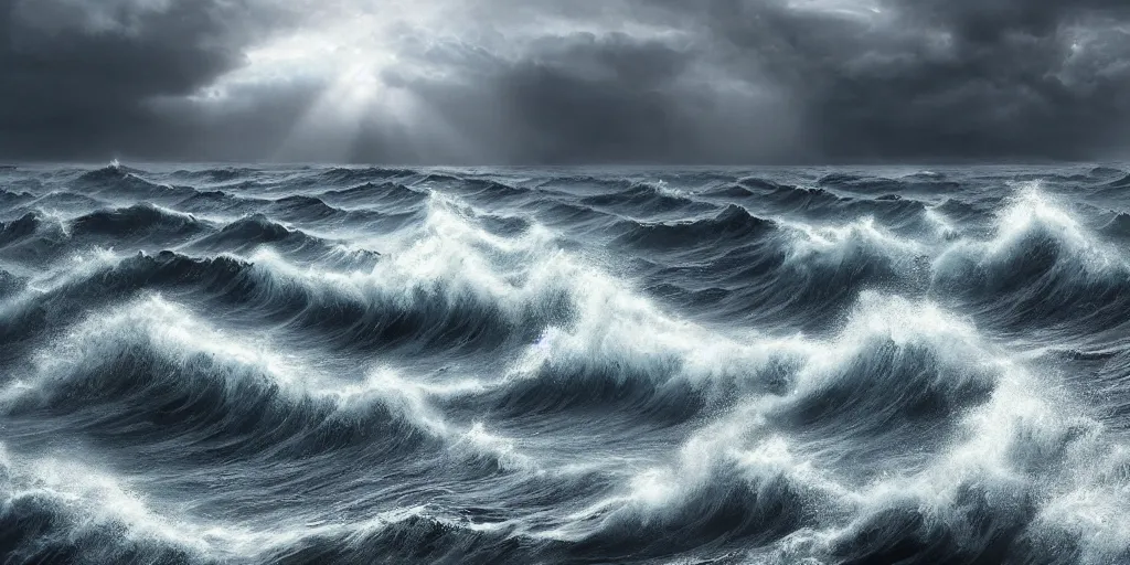 Image similar to detailed waves. dark sea, layers, very detailed super storm, hyper realistic, impressive, very atmospheric, god ray, cinematic, deep, very high complexity, stunning, masterpiece, weather photography, very detailed. 4 k