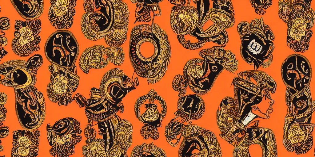 Prompt: versace gucci textile print detailed intricate orange gold black native american navajo digital file high resolution
