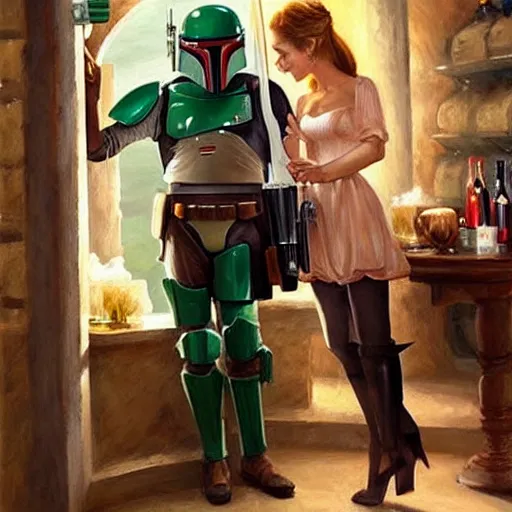 Image similar to Boba Fett and a beautiful young blonde drinking beer in a wine cellar, food, meat, schnapps, torches on the wall, romantic, inviting, cozy, painting by Vladimir Volegov