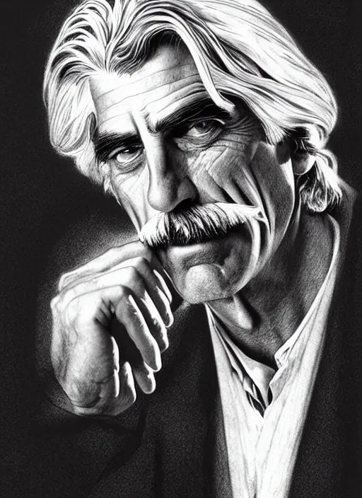 Image similar to hyperrealist pencil sketch of sam elliott as dracula by david malan and alphonse mucha, fantasy art, pencil hatching, dynamic lighting, artstation, poster, volumetric lighting, very detailed faces, 4 k, award winning