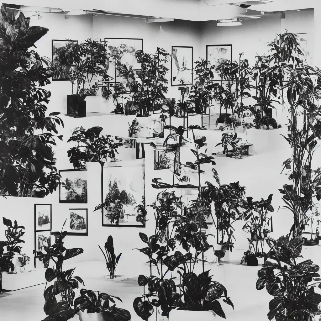 Image similar to A black and white photography of an exhibition space with works of Sun Ra, Marcel Duchamp and tropical plants, 60s, offset lithography print