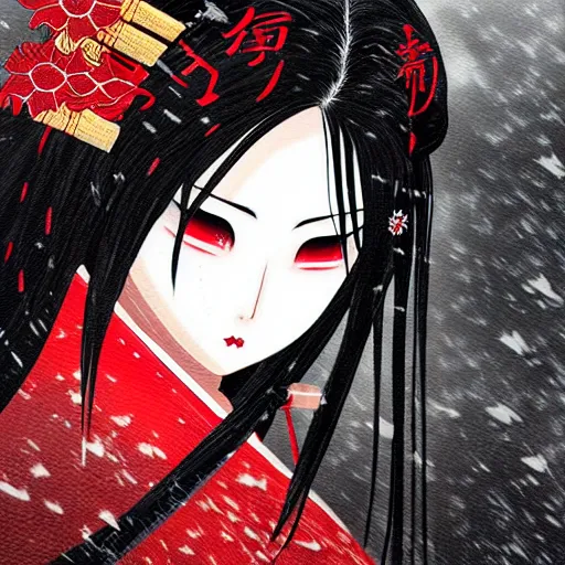 Prompt: seductive female samurai, in the rain, highly detailed, painting, dark red and black color palette, intricate, high quality, anime artstyle, in the style of sana takeda