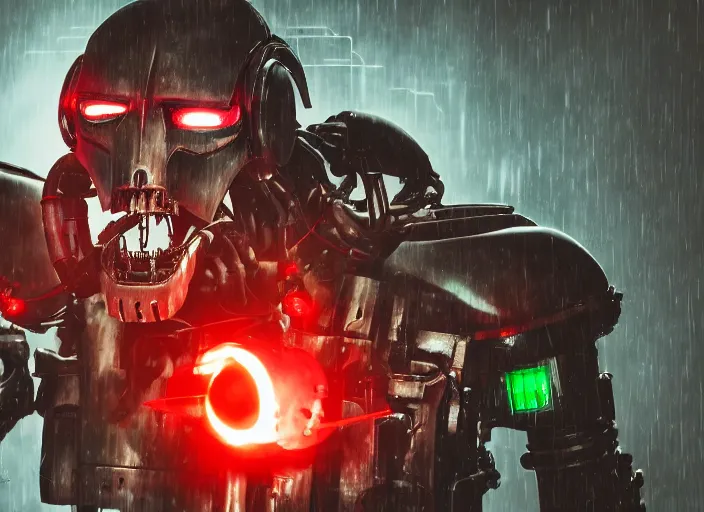 Image similar to portrait photo of general grievous with heavy duty biomechanical cybernetic body with 4 arms holding 4 activated red lightsabers in the rain. cyberpunk horror style.