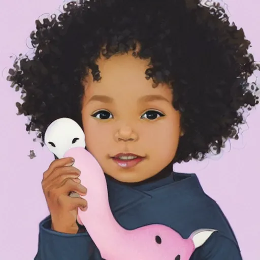 Prompt: a beautiful [[[[[smiling]]]]] little black toddler girl with short curly hair, at the park on a beautiful day, holding a round all-pink stuffed penguin, by Artgerm, Mucha Klimt, Hiroshi Yoshida and Craig Mullins, featured on Artstation, CGSociety, Behance HD, Deviantart