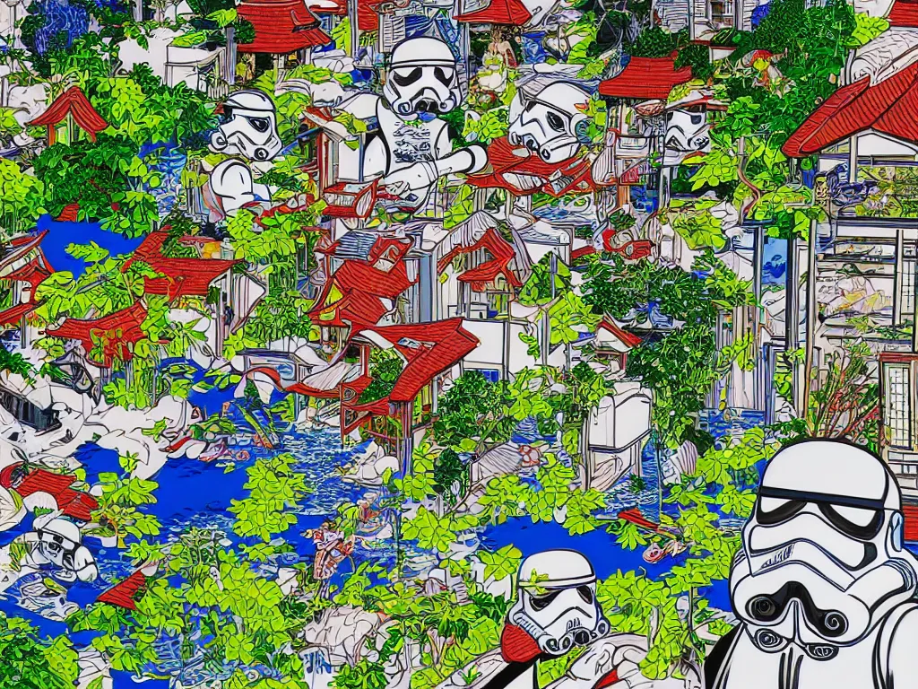 Prompt: hyperdetailed close - up image of a japanese house with a garden, pond, stormtroopers sitting around it, in style of pop - art, andy warho style, roy lichtenstein style, jackie tsa stylei, bright palette, acrylic on canvas