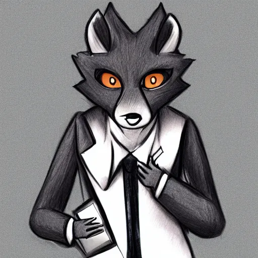 Image similar to autographed pencil sketch of an anthropomorphic male fox furry fursona in a tuxedo with medium length black hair, handsome eyes, posing with hands in pocket, hdr photograph of notebook