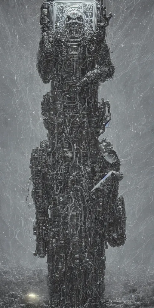 Image similar to painting of a cloaked tech priest holding a book, cybernetic enhancements attached to his body, covered in wiring, praise the omnissaiah, Zdzislaw Beksinski, Lewis Jones, mattias adolfsson, Warhammer 40K!!, cold hue's, cold tone gradient background, concept art, digital painting