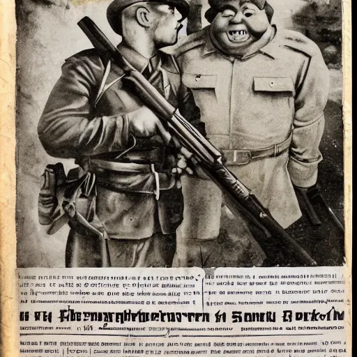 Image similar to soviet newspaper with photo of shrek as soviet sniper of red army, with rifle, ww 2, portrait