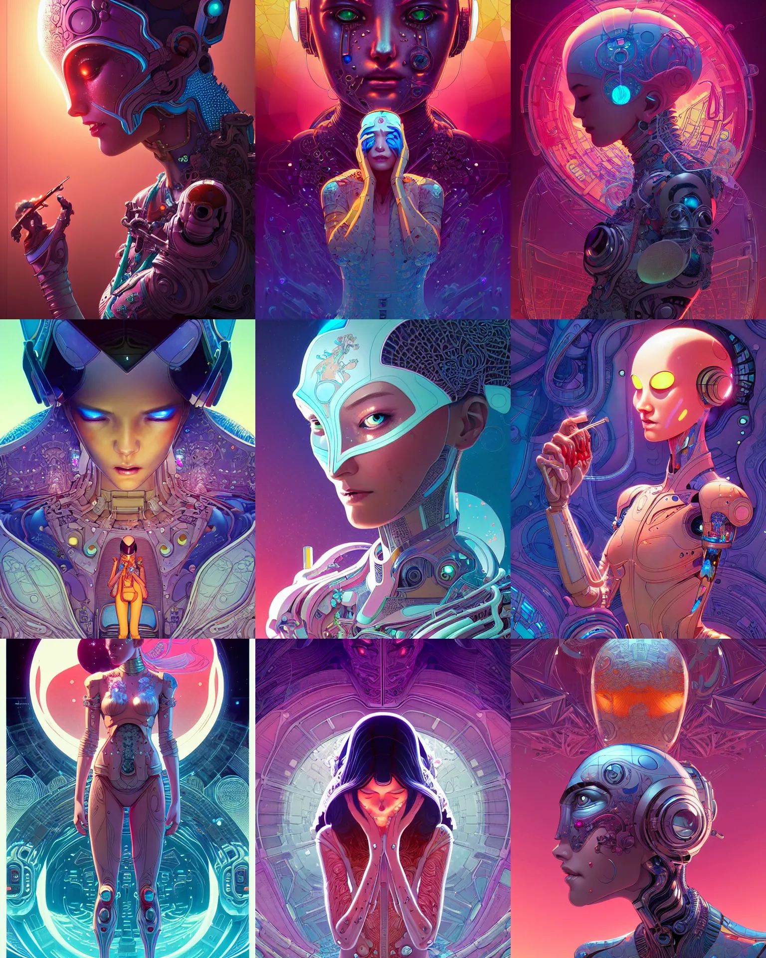 Prompt: ultra detailed, beautiful female android in tears, crying. scifi, fantasy, intricate detailed environment, global illumination, concept art. by james jean and moebius and artgerm and liam brazier and victo ngai and tristan eaton.