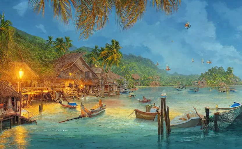 Image similar to a little fisher village on a tropical island, ( ( wood pier and houses, nets and boats ) ), scenic view, sunset, matte painting by marc simonetti and rhads and donato giancola, trending on artstation