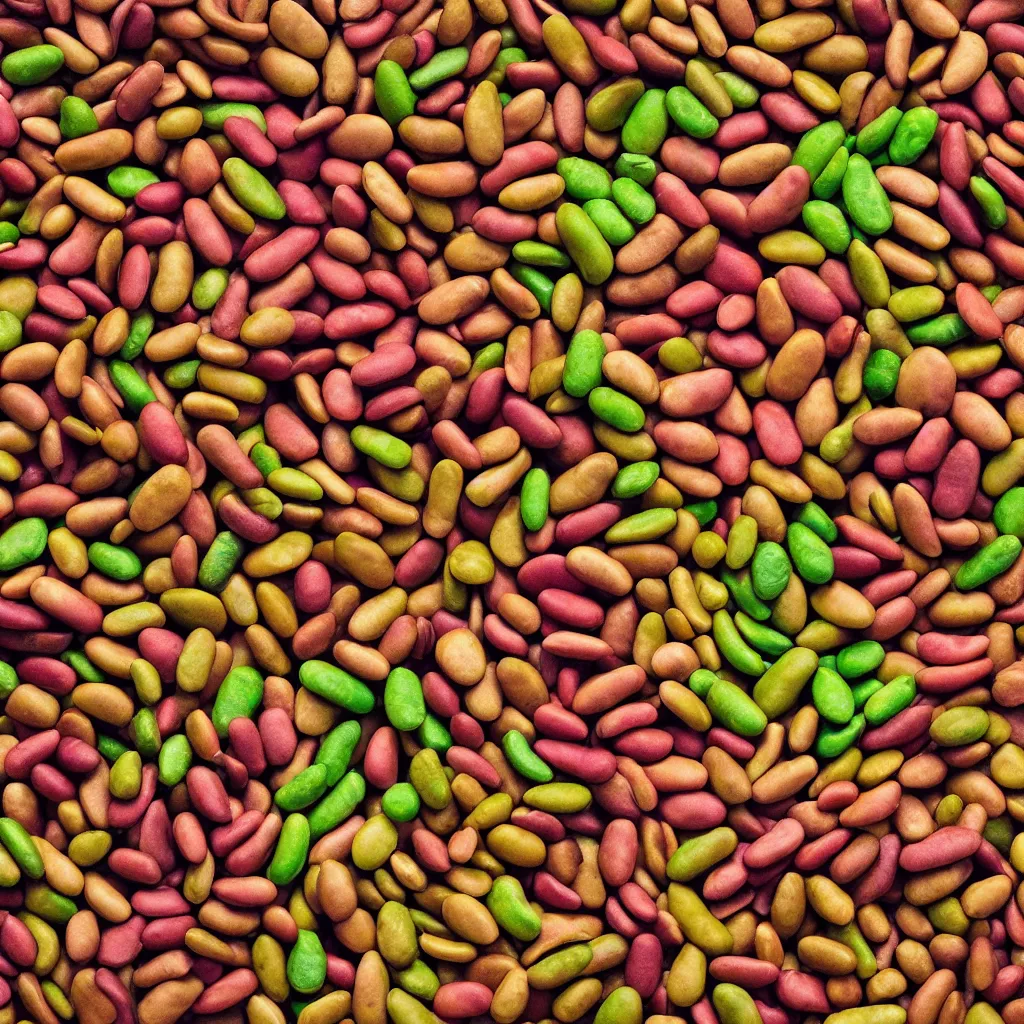 Image similar to large spiral of multicolor soy beans, with large leaves and fractal roots, over vivid dark wood table, food photography. super detailed. masterpiece