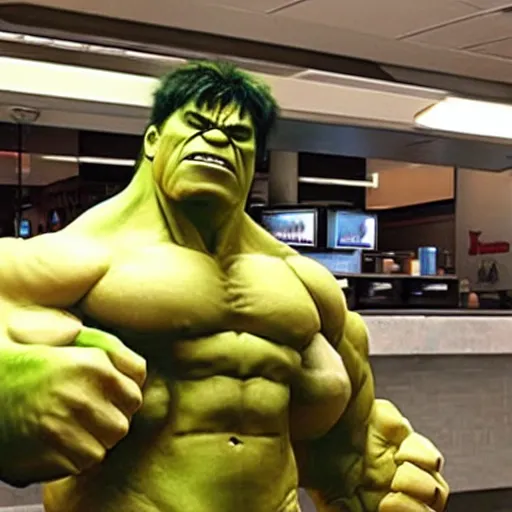 Image similar to The Hulk as a Mcdonald’s employee