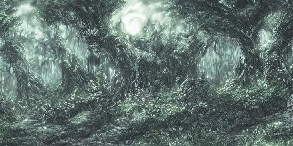 Prompt: a beautiful spiritual night forest concept art, with creatures hiding behind the trees by masanori warugai and kentaro miura